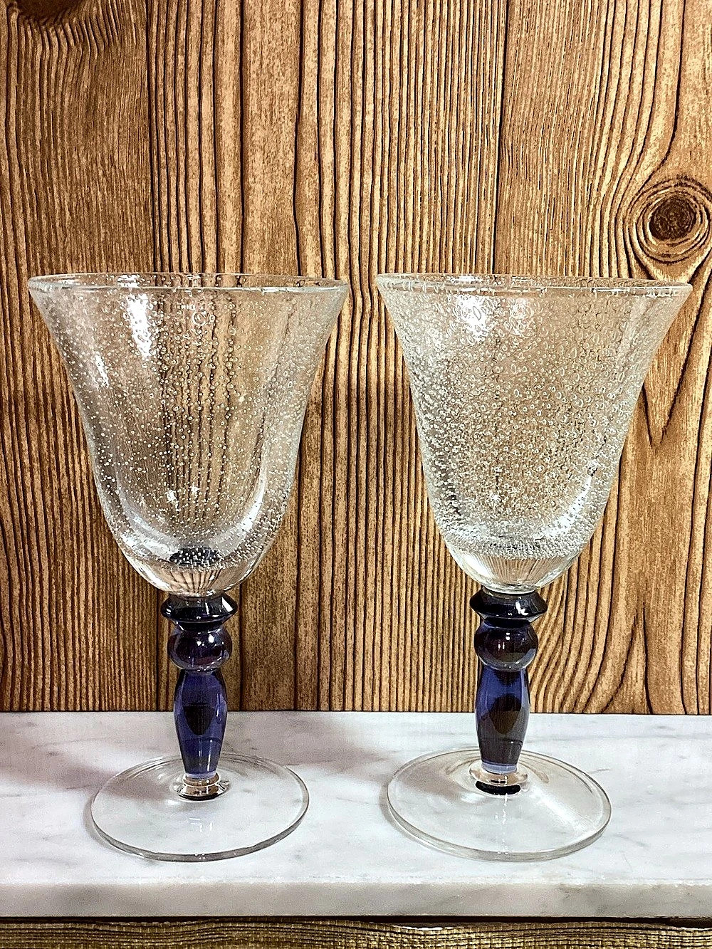 Pottery Barn Seeded Bubble 8” Wine Goblets iridescent Iris Stem set of 2